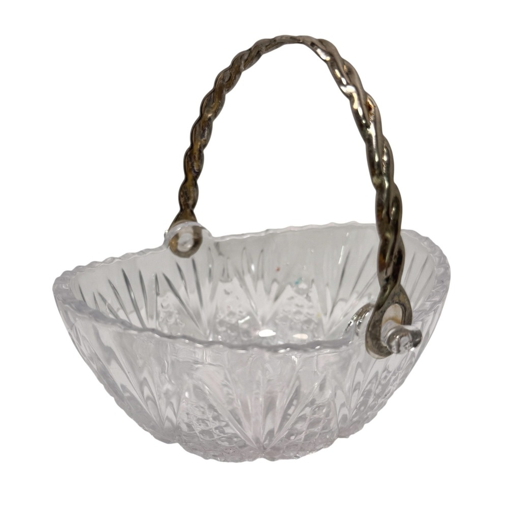 Vintage Mikasa Cut Glass Crystal Basket Candy Dish Silver Tone Twisted Handle